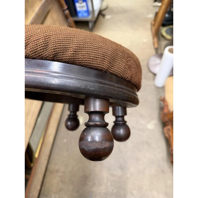 Wood Antique Victorian Round Needlepoint Small Footstool Ottoman W/ 5 Walnut Bun Feet For Sale - Image 7 of 11