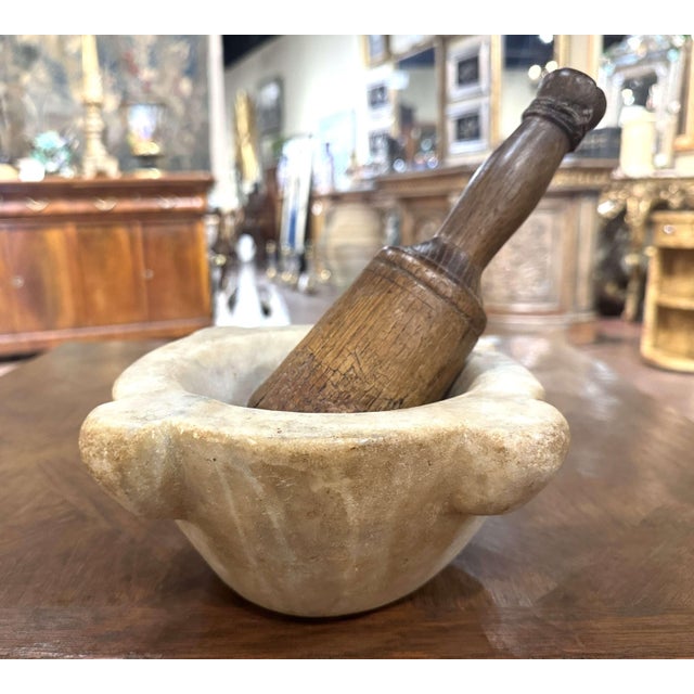 19th Century French Carved White Marble Mortar With Wood Pestle For Sale In Dallas - Image 6 of 8