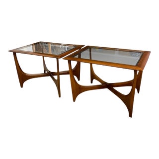 Pair of Mid-Century Modern Sculptural Possibly Walnut and Glass End Tables by Lane Furniture, Style No. 1163-05 For Sale