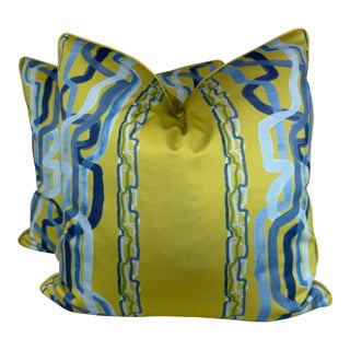 Ferrick Mason "Whiskey Stripe" in Green/Blue 22" Pillows-A Pair For Sale