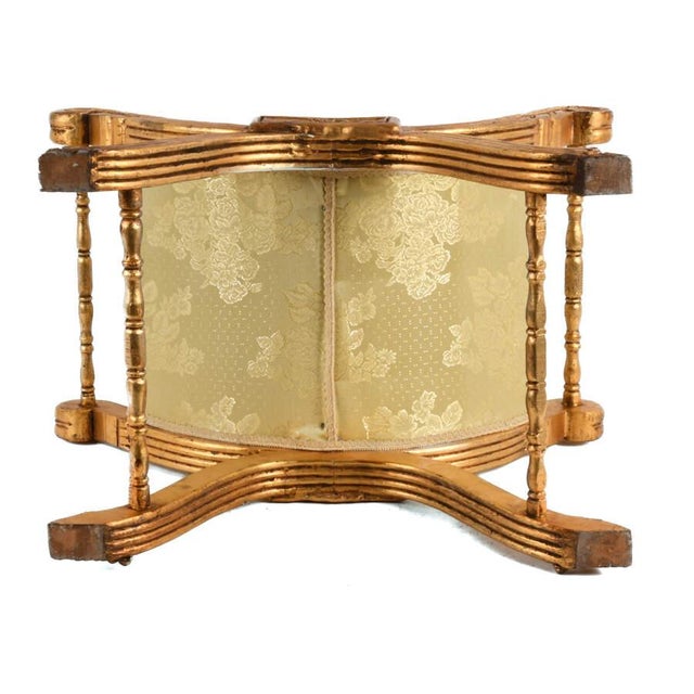 French-Style Giltwood Upholstered Curule Vanity Bench in Pale Gold Damask For Sale In Greensboro - Image 6 of 9