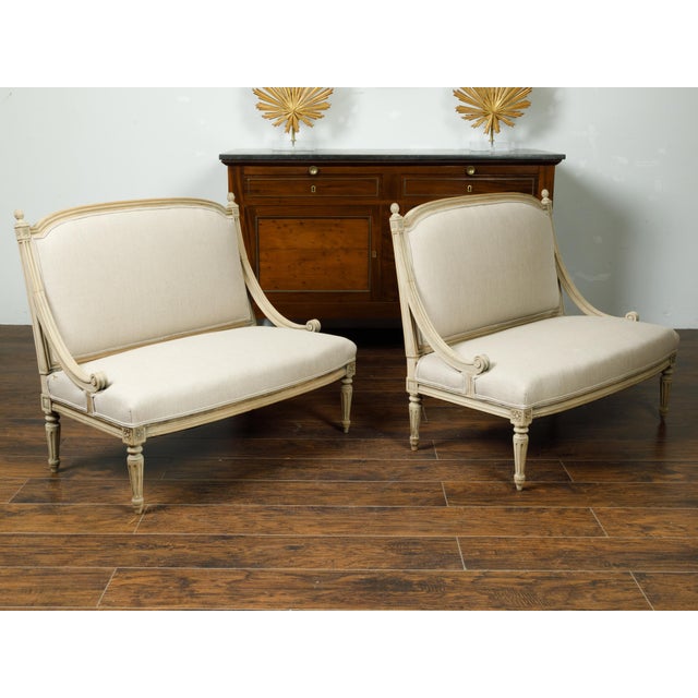 Pair of French 1900s Louis XVI Style Walnut Settees with Scrolling Arm Supports For Sale - Image 4 of 8