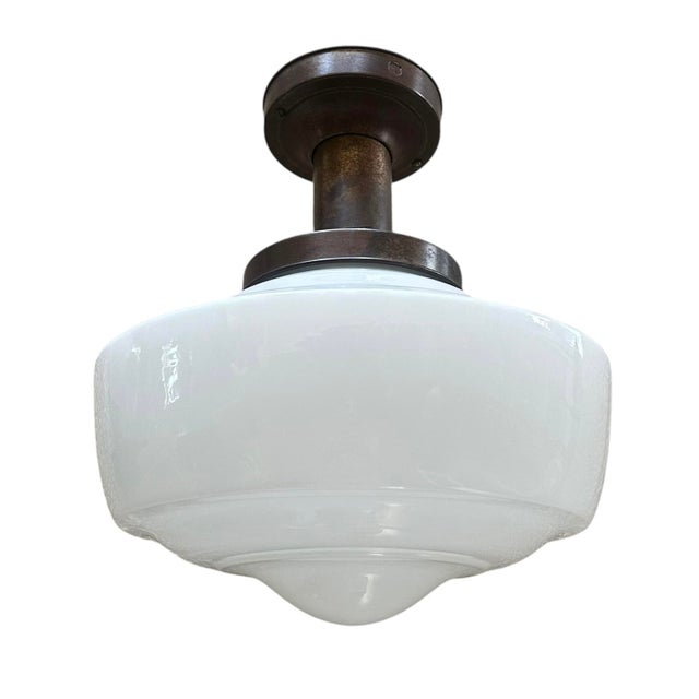 Antique Milkglass Flushmount Ceiling Light on Rustic Holder For Sale In Los Angeles - Image 6 of 6