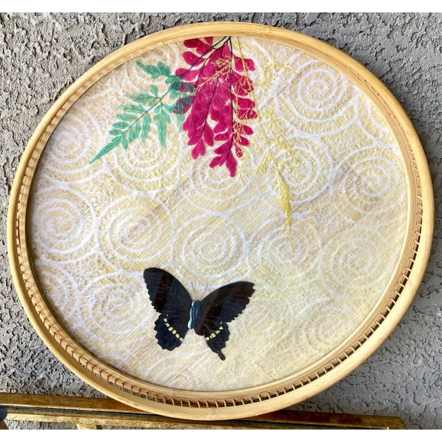 1970s Circa 1970 Whimsical Rattan & Bamboo Découpage-Inspired Butterfly & Foliate Round Tray For Sale - Image 5 of 13