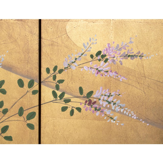 Wood "Chrysanthemums and Quail" by Setsuga, 1980s Japanese Byobu Screen For Sale - Image 7 of 18