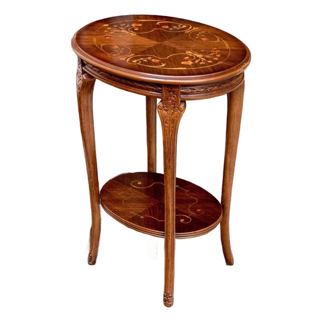 Italian Louis XV Revival Oval Accent Table | Vintage Marquetry Inlaid Side Table | Carved French Provincial End Table | Italy Made Entryway For Sale