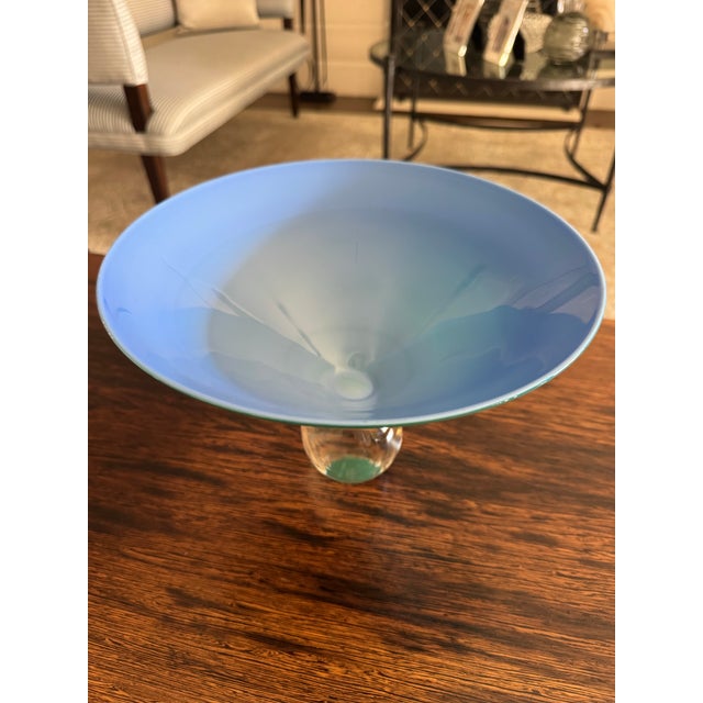2000 - 2009 Venini Murano Italian Art Glass Pedestal Bowl in Blue & Turquoise, Signed For Sale - Image 5 of 6