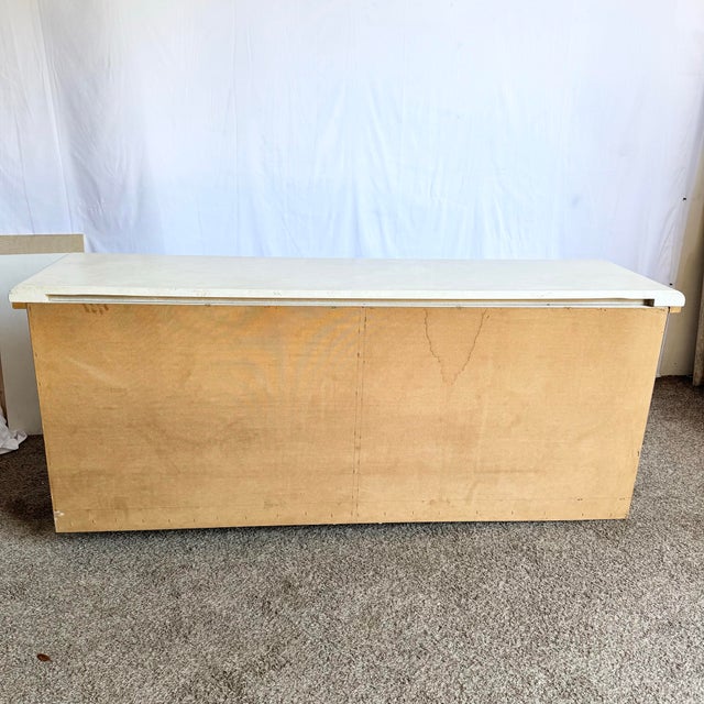 1980s Postmodern Beige Wood Grain Laminate Credenza With Tribal Turquoise Metal Accents For Sale - Image 5 of 12