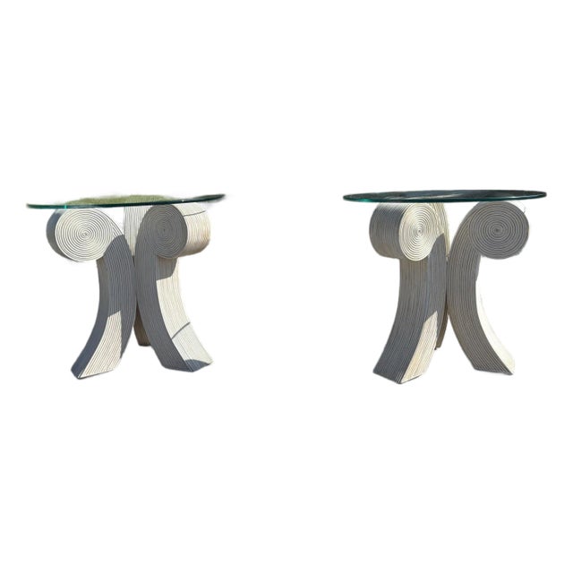 1980s Coastal Boho Cream Colored Pencil Reed Rattan Side Tables- Set of 2 For Sale