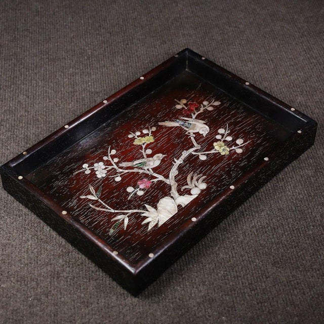Dark Wood Tea Tray With Mother-of-Pearl Bird and Floral Inlay For Sale - Image 4 of 10