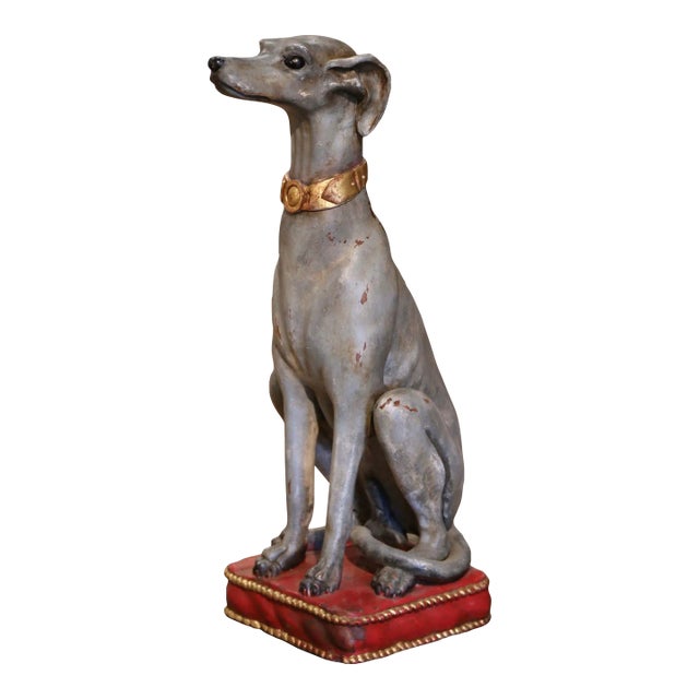 Mid 20th Century Vintage Italian Carved Wooden Polychrome Greyhound Dog Sculpture For Sale