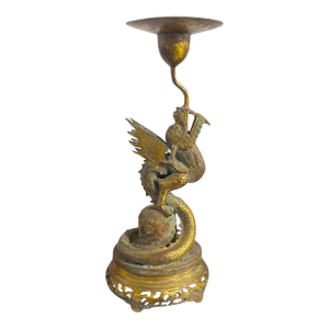 Vintage Chinoiserie Bronze Candle Holder With Dragon 17" H