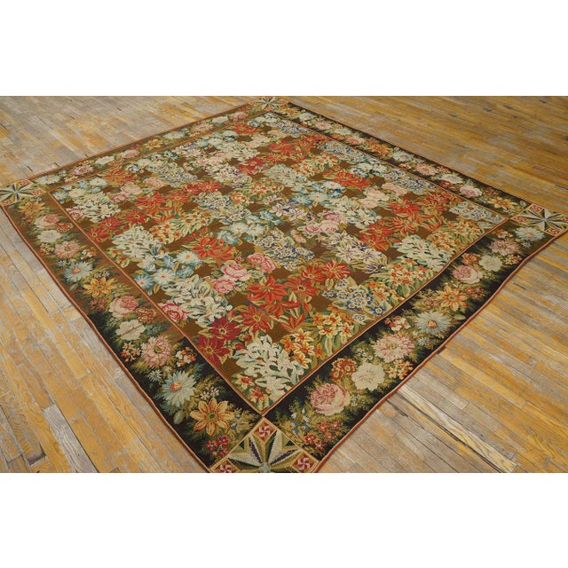 Mid 19th Century 1860s Green Olive Floral Antique English Needlepoint Rug 8'6" X 9'8" Flatweave Wool Carpet For Sale - Image 5 of 10