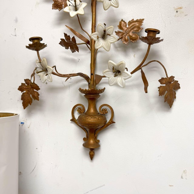 Pair of Late 19th Century French Gilt Metal and Opaline Glass Five-Light Floral Candle Sconces For Sale - Image 10 of 12
