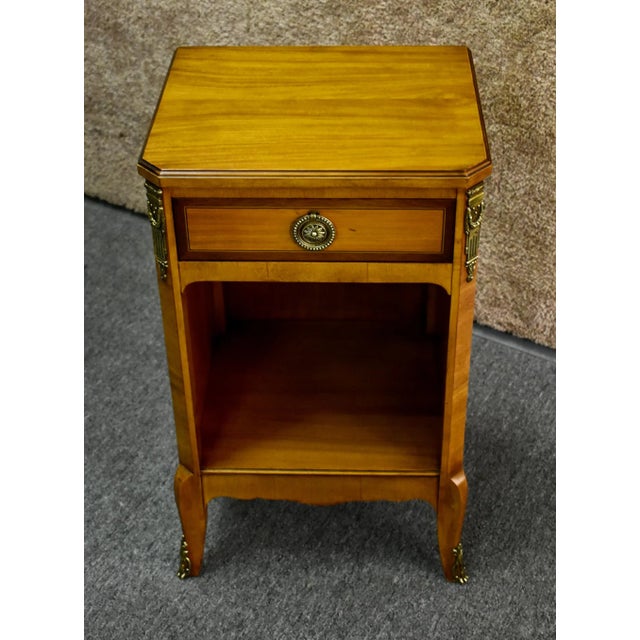 Vintage Satinwood Nightstand French Style Brass Ormolu Inlaid Bedside Table For Sale - Image 12 of 12