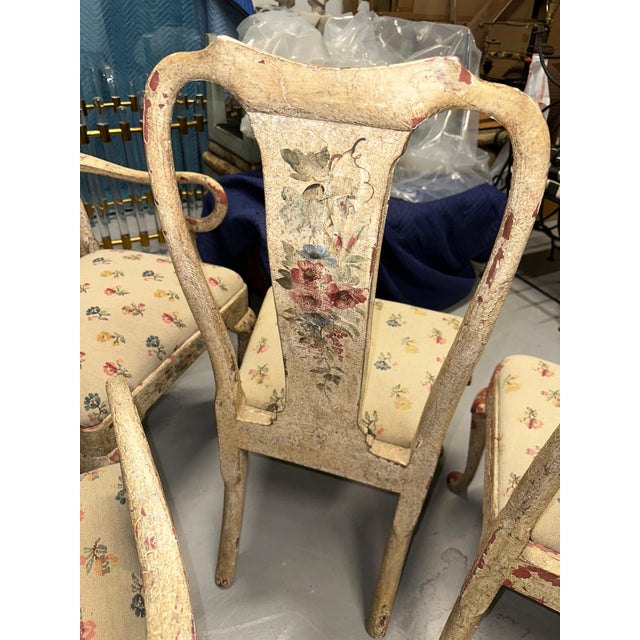 Beige Early 20th Century Set of 8 Painted Chippy Dining Chairs with Needlepoint Floral Seats For Sale - Image 8 of 18