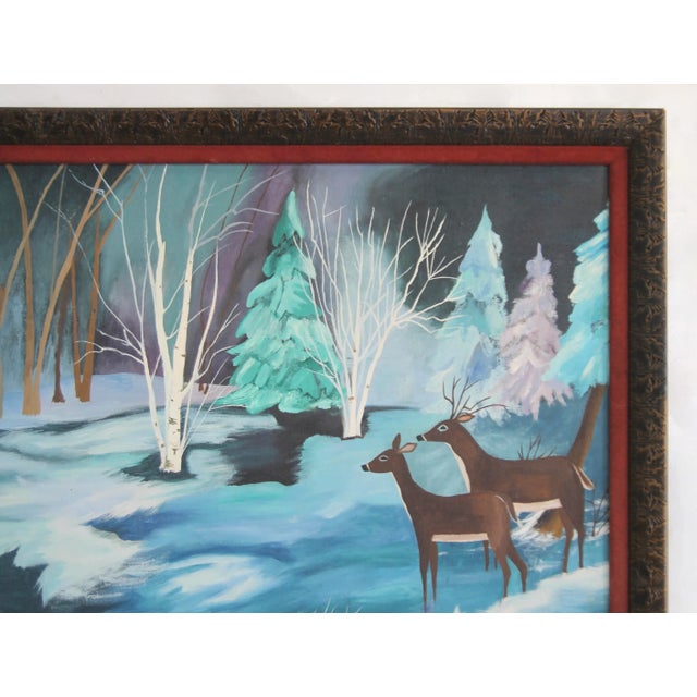 Cabin Vintage Oil on Board Folky Deer Painting For Sale - Image 3 of 7