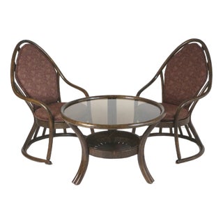 Set of Vintage Manou Rattan Armchairs and Table With Glass Top, 1970s For Sale