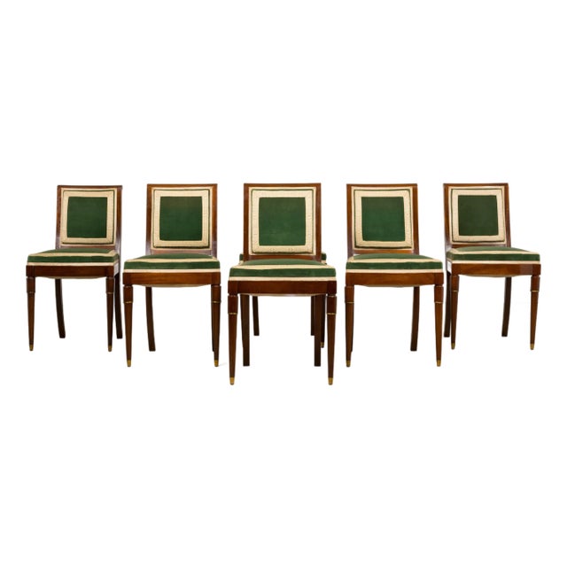 1930s French Art Deco Mahogany Dining Chairs in Olive Green Velvet - Set of 6 For Sale