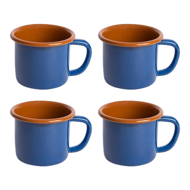 The Get Out x CCH Enamelware 12 oz. Mugs in Blue & Brown - Set of 4 For Sale