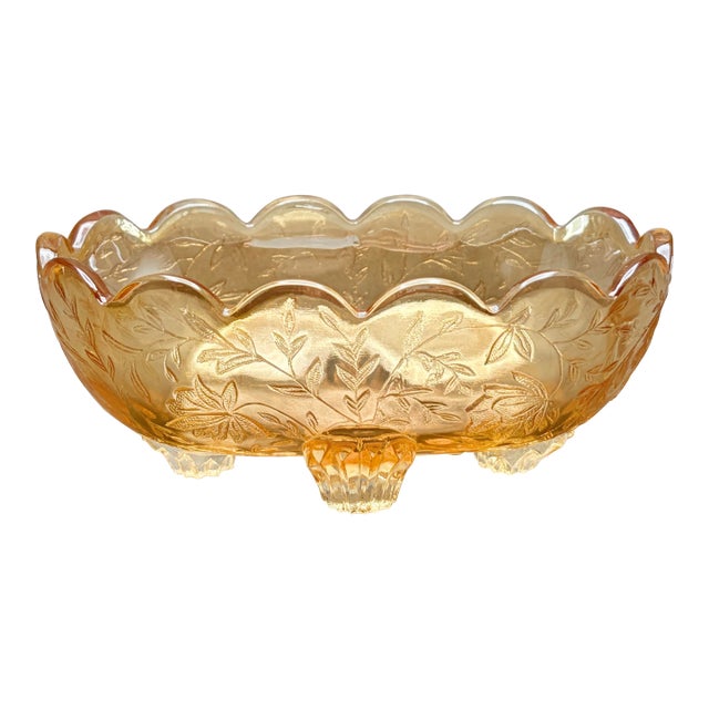 Vintage Jeannette Glass “Floragold Louisa” Marigold Carnival Glass Footed Candy Dish For Sale