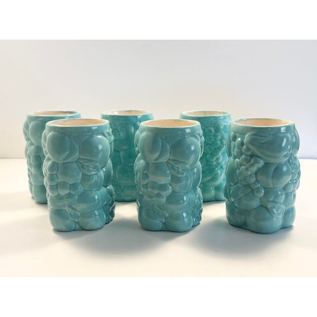 Mid-Century Modern Vintage MCM Ceramic Serving Pitcher and Drinks Glasses, Celadon Fruit Relief Pattern For Sale - Image 3 of 9