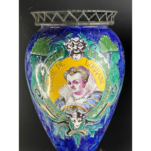 French Vases on Patinated Bronze Bamboo Mounts with Portraits of Henri III from A. Giroux Paris, 1880-1895, Set of 2 For Sale - Image 4 of 12