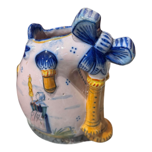 19th Century French Painted Faience Bagpipe Form Vase Signed Hr Quimper