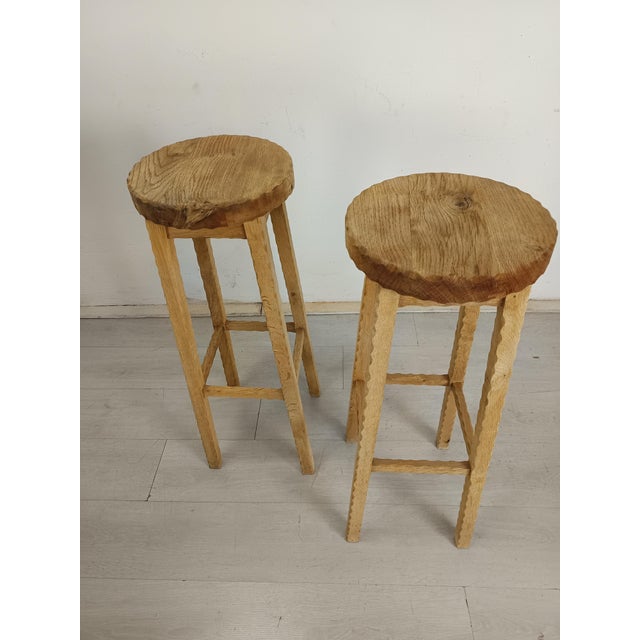 Brutalist Oak Bar Stools, 1940s, Set of 2 For Sale - Image 3 of 14
