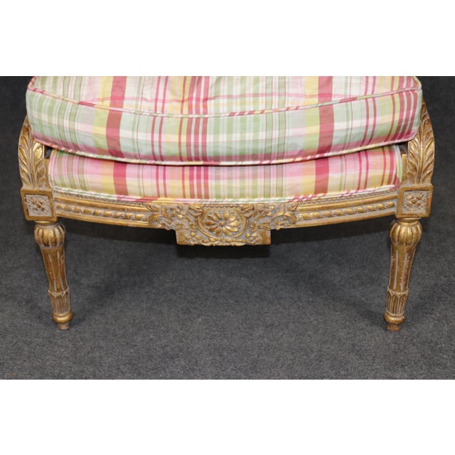 Pair of Louis XVI Style Gilt Carved Arm Chairs With Plaid Upholstery For Sale - Image 11 of 15