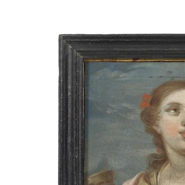 Religious painting - Saint Barbara - 18th century. Oil on canvas, Portuguese school, 18th century. Dimensions: 27 cm x 20 cm.