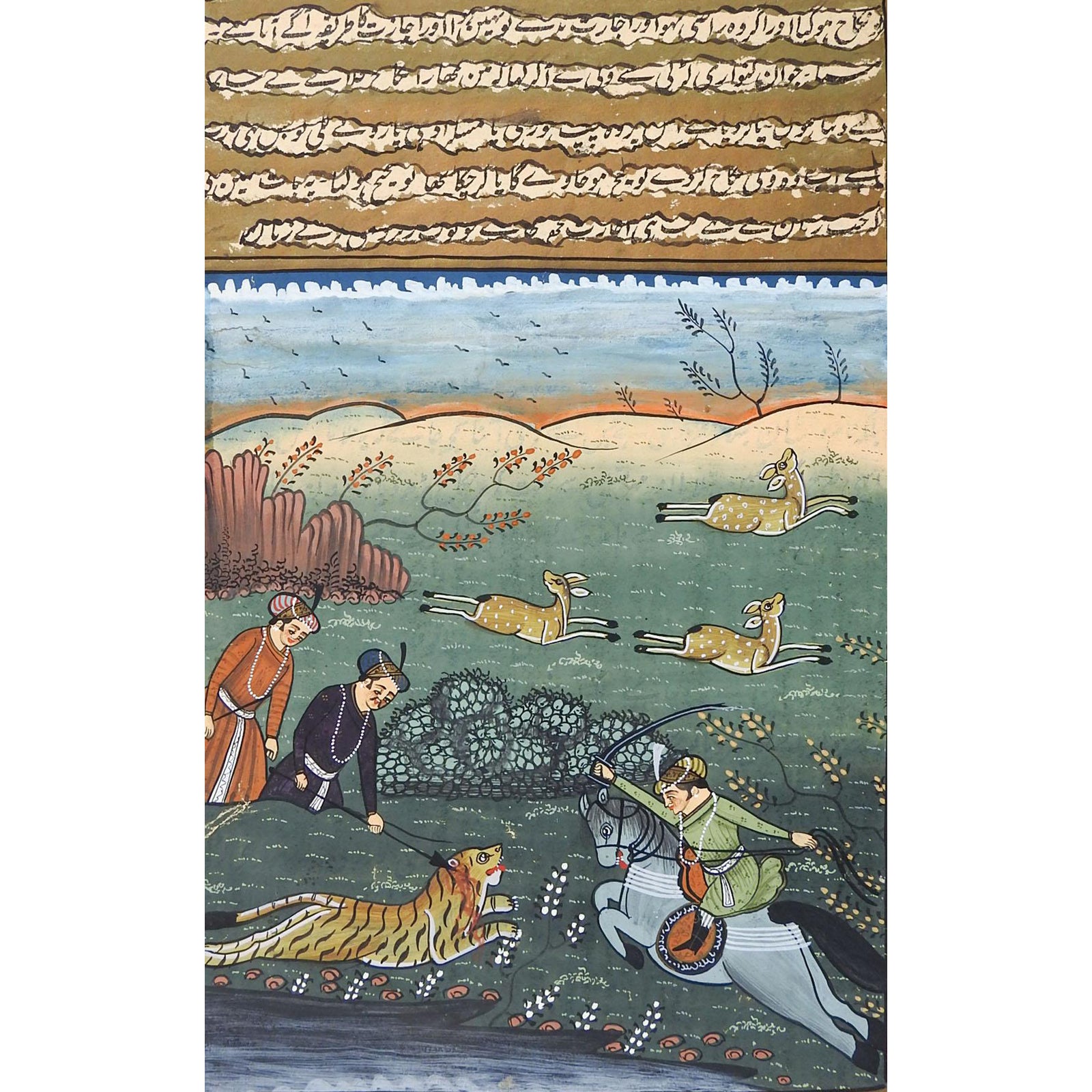 Mughal Miniature Tiger Hunt Painting Chairish