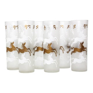 Equestrian Frosted and Gold Drink Glasses Cavalcade by Libbey Galloping Horses For Sale