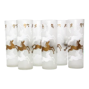 Equestrian Frosted and Gold Drink Glasses Cavalcade by Libbey Galloping Horses