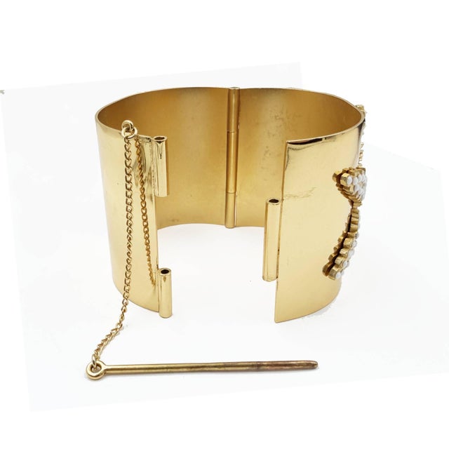 Chanel Chanel Rare Vintage Gold Plated CC White Bead Snowflake Cuff Bracelet For Sale - Image 4 of 5