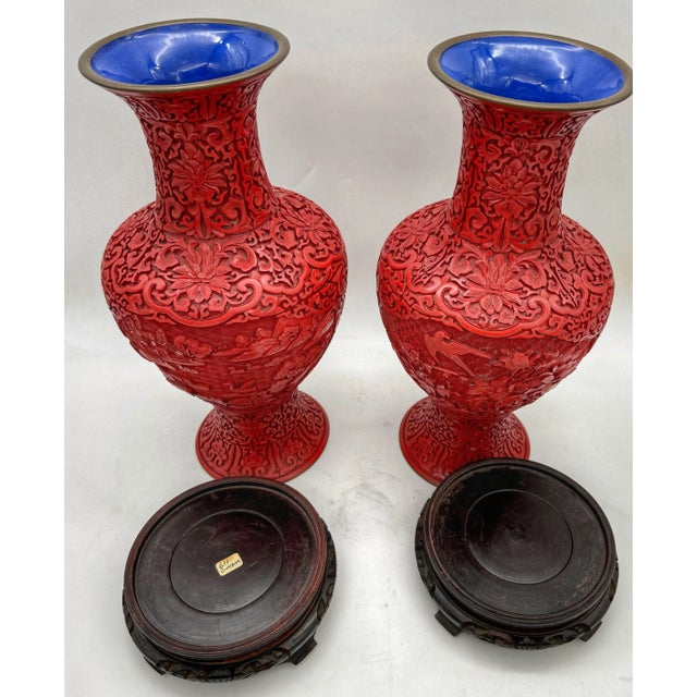 Unique Chinese Carved Cinnabar Vase, Same Shape, Different Decoration - a Pair For Sale - Image 11 of 12