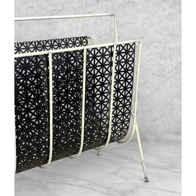 Metal Mid-Century White & Black Wrought Iron Pierced Mesh Magazine Record Stand For Sale - Image 7 of 10