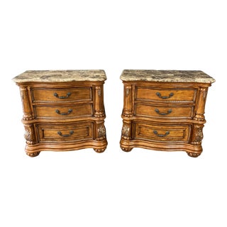 Pair of Burl Walnut and Faux Marble Top Nightstands For Sale