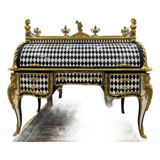 1960s Unique Louis XV Style Harlequin Roll-Top secretary Gilded French Baroque Writing Desk For Sale