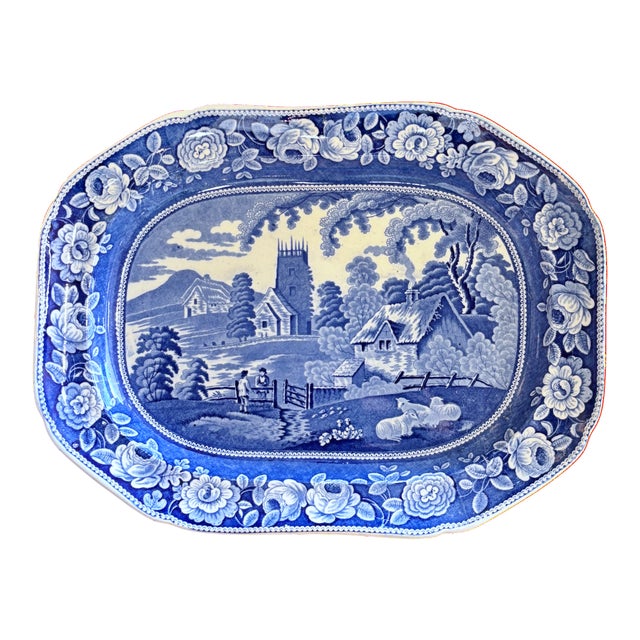 Ceramic Early 19th C. Blue and White Staffordshire Transferware Meat Drainer With Platter in "Village Church" Pattern - a Pair For Sale - Image 7 of 14