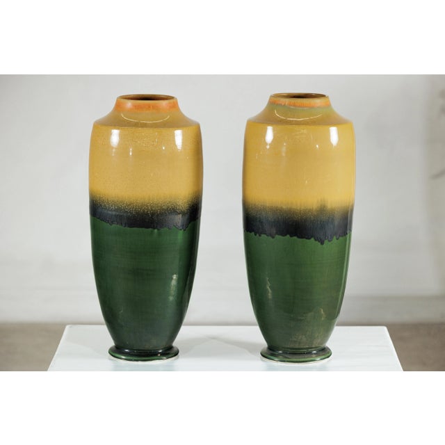 Ceramic Artisan Tall Ceramic Vases with Mustard, Black, and Deep Green Glaze For Sale - Image 7 of 12
