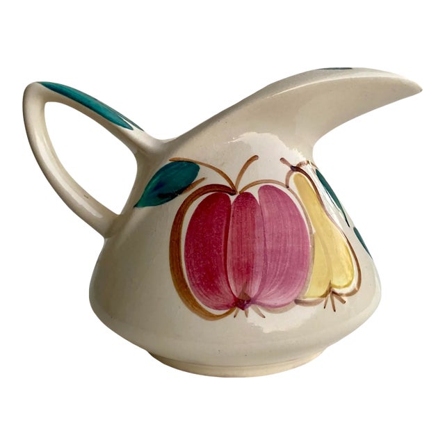 Vintage, Hand Painted Fruit Pitcher – Farmhouse Pottery – Mid-Century Creamer For Sale