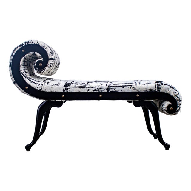 1930-1940’s Hollywood Regency Chaise Style Bench by Irving Chase Manufacturing Scrolled Arm & Black Painted Frame For Sale