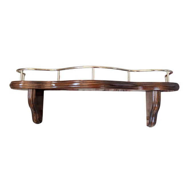English Vintage Wooden Wall Shelf With Brass Railing For Sale - Image 3 of 14