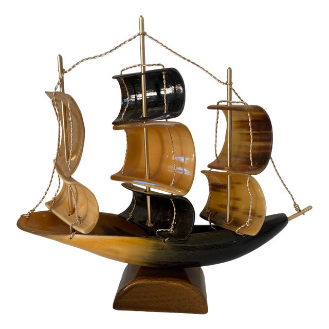 Vintage Carved Horn Sailing Ship Sculpture With Brass Rigging, Nautical Coastal Decor Object For Sale