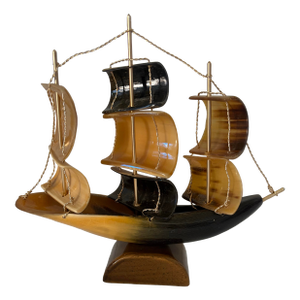 Vintage Carved Horn Sailing Ship Sculpture With Brass Rigging, Nautical Coastal Decor Object