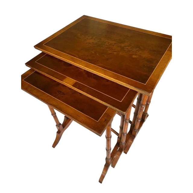Traditional Late 20th Century Vintage Inlaid Burr Yew and Mahogany Faux Bamboo Nesting Tables - Set of Three For Sale - Image 3 of 10