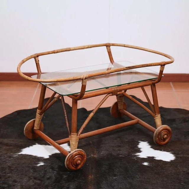 Brown Rush and Bamboo Coffee Table with Glass Top, 1970s For Sale - Image 8 of 8