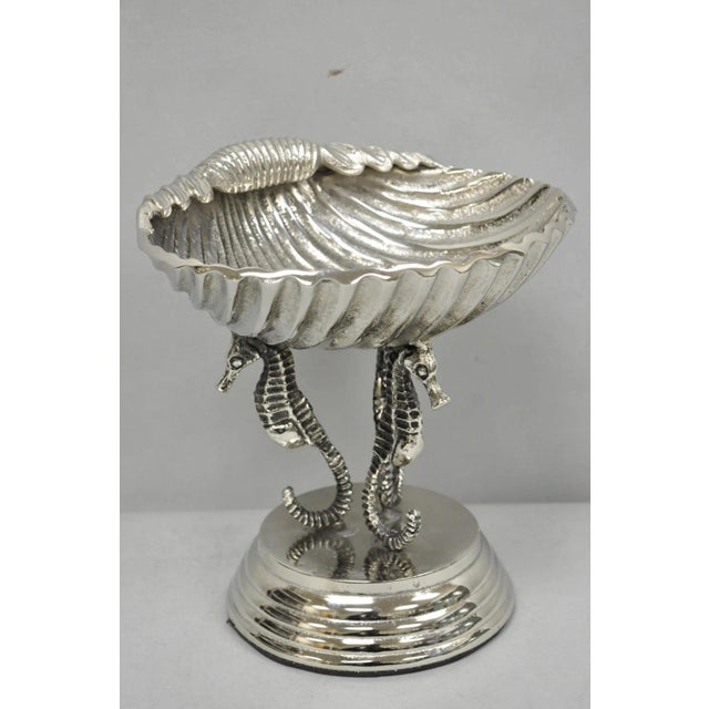 Contemporary Decorative Nautical Silver Plated Seahorse Clamshell Pedestal Compote Candy Dish For Sale - Image 13 of 13