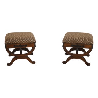 Pair of Regency Walnut Finish X Base Benches Foot Stools For Sale